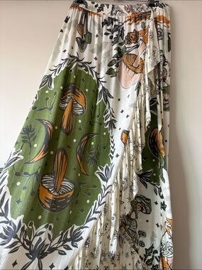 Boho Mushroom Maxi Skirt in Olive Green & Cream with Orange Accents